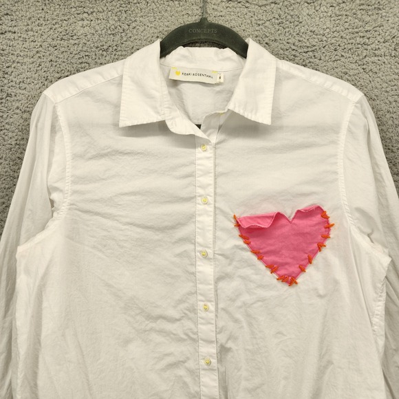 Kerri Rosenthal Small White Cotton Shirt with Pink Heart Applique Button Up Top - Picture 9 of 13
